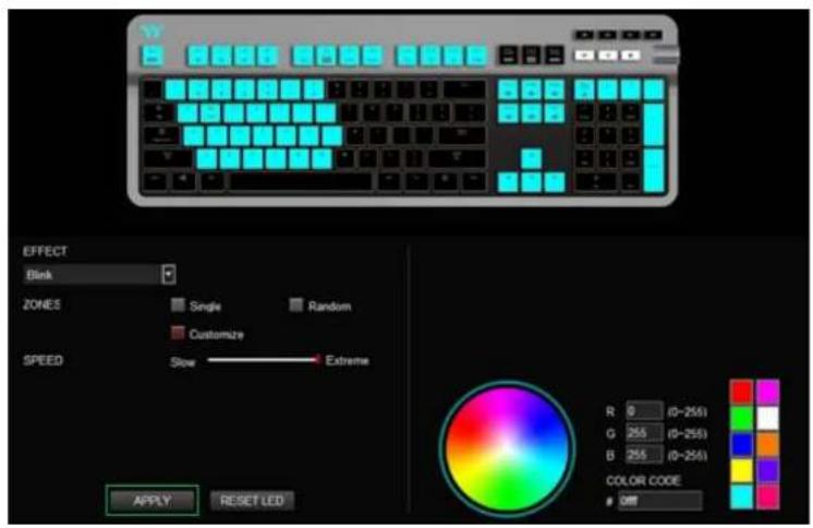 EFFECT Blank ZONES Single Random Customize SPEED Slow Extreme R 0 (0-255) G 255 (0-255) B 255 (0-255) COLOR CODE OFF APPLY RESET LED