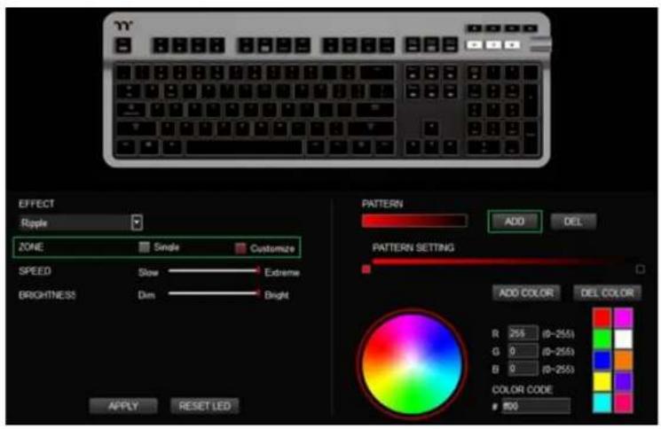 EFFECT Ripple ZONE Single Customize SPEED Slow Extreme BRIGHTNESS Dim Bright PATTERN ADD DEL PATTERN SETTING ADD COLOR DEL COLOR R 255 (0-2551) G 0 (0-2553) B 0 (0-2553) COLOR CODE 800 APPLY RESET LED