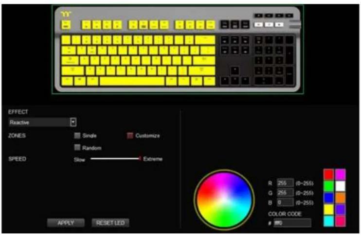 EFFECT Reactive ZONES Single Customize Random SPEED Slow Extreme R 255 (0-255) G 255 (0-255) B 0 (0-255) COLOR CODE 190 APPLY RESET LED