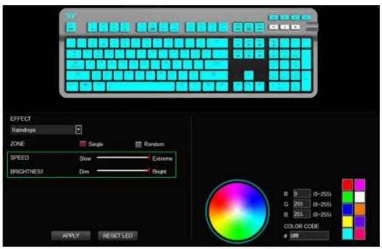 Y EFFECT Raindrops ZONE Single Random SPEED Slow Extreme BRIGHTNESS Dim Bright R 0 (0~255) G 255 (0~255) B 255 (0~255) COLOR CODE 100 APPLY RESET LED