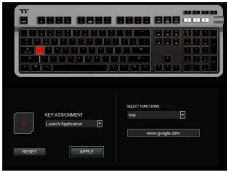 KEY ASSIGNMENT Launch Application RESET APPLY SELECT FUNCTIONS Web www.google.com