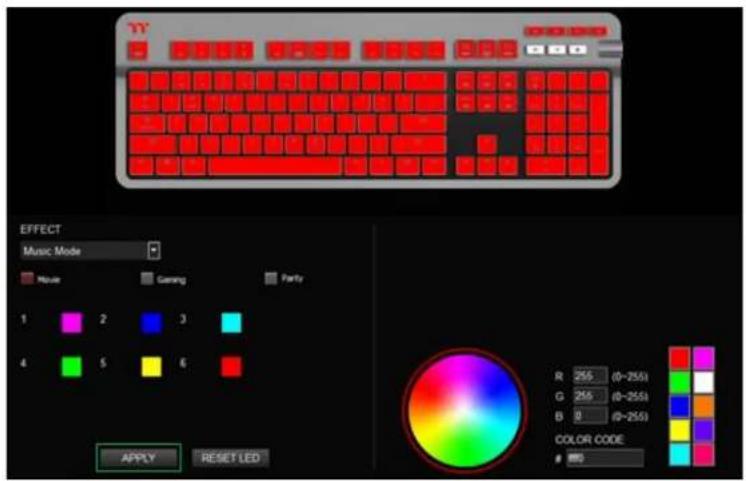 TT EFFECT Music Mode Mouse Gaming Parity 1 2 3 4 5 6 R 255 (0-255) G 255 (0-255) B 8 (0-255) COLOR CODE 50 APPLY RESET LED