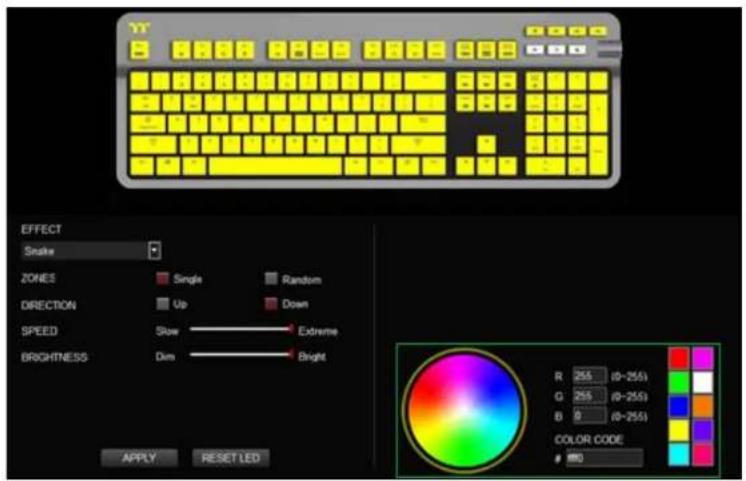 YT EFFECT Snake ZONES Single Random DIRECTION Up Down SPEED Slow Extreme BRIGHTNESS Dim Bright Apply RESET LED R 255 (0-255) G 255 (0-255) B 8 (0-255) COLOR CODE #