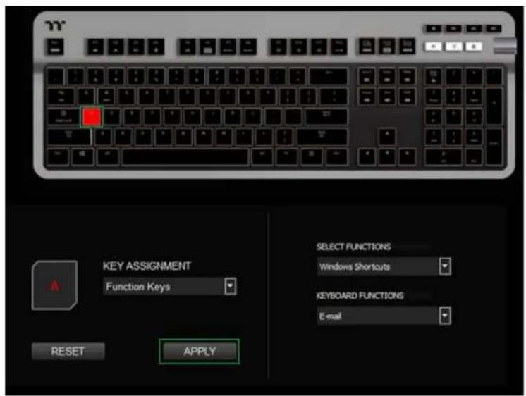 KEY ASSIGNMENT Function Keys RESET APPLY SELECT FUNCTIONS Windows Shortcuts KEYBOARD FUNCTIONS E-mail