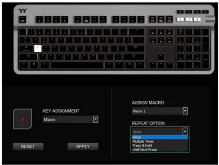 KEY ASSIGNMENT Macro ASSIGN MACRO Macro 1 REPEAT OPTION Once Once Multiple Times Press & Hold Until Next Press RESET APPLY