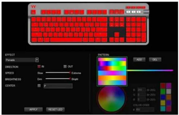 YY EFFECT Penside DIRECTION IN OUT SPEED Slow Extreme BRIGHTNESS Dim Bright CENTER P PATTERN ADD DEL R: 250 0-2551 G: 0 0-2551 B: 0 0-2551 COLOR CODE 850 APPLY RESET LED
