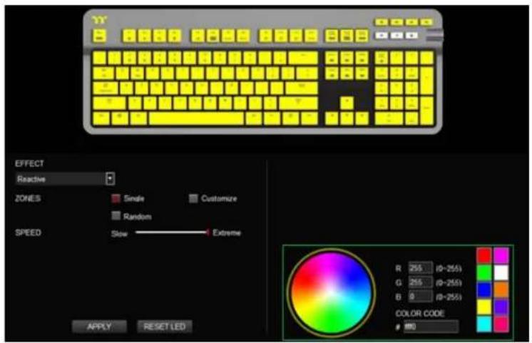 EFFECT Reactive ZONES Single Customize Random SPEED Slow Extreme R 255 (0-255) G 255 (0-255) B 8 (0-255) COLOR CODE 100 APPLY RESET LED