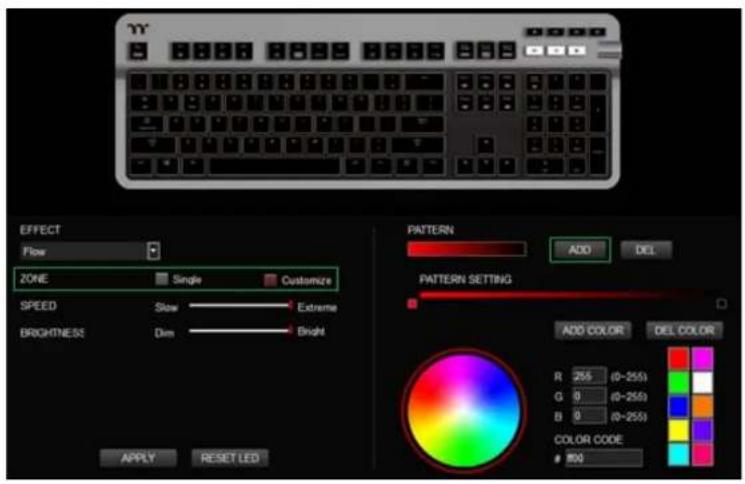 YY EFFECT Flow ZONE Single Customize SPEED Slow Extreme BRIGHTNESS Dim Bright PATTERN ADD DEL PATTERN SETTING ADD COLOR DEL COLOR R 255 (0-255) G 0 (0-255) B 0 (0-255) COLOR CODE 806 APPLY RESET LED