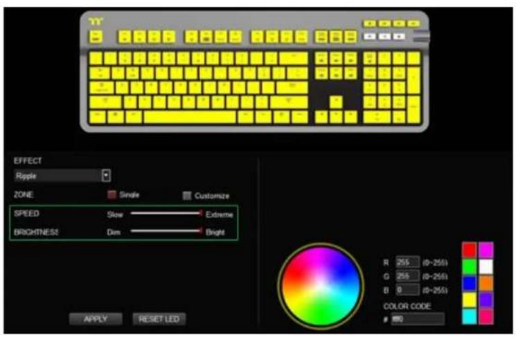 Y EFFECT Ripple ZONE Single Customize SPEED Slow Extreme BRIGHTNESS Dim Bright A/PPLY RESET LED R 255 (0-255) G 255 (0-255) B 0 (0-255) COLOR CODE 100