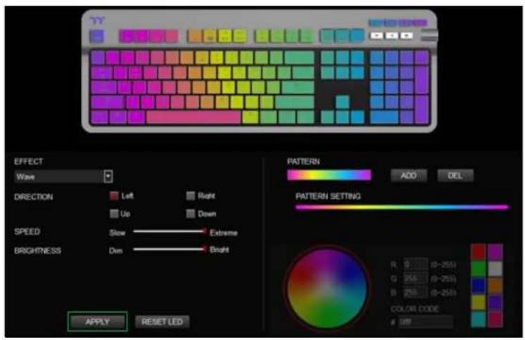 EFFECT Wave DIRECTION Left Right Up Down SPEED Slow Extreme BRIGHTNESS Dim Bright APPLY RESET LED PATTERN ADD DEL PATTERN SETTING R 0 (0-255) G 255 (0-255) B 255 (0-255) COLOR CODE 189
