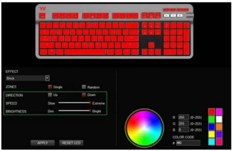 YY EFFECT Brick ZONES Single Random DIRECTION Up Down SPEED Slow Extreme BRIGHTNESS Dim Bright R 255 (0-255) G 255 (0-255) B 8 (0-255) COLOR CODE 100 APPLY RESET LED