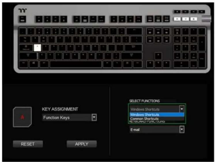 KEY ASSIGNMENT Function Keys RESET APPLY SELECT FUNCTIONS Windows Shortcuts Windows Shortcuts Common Shortcuts NETBEANS SHORTCAPS E-mail