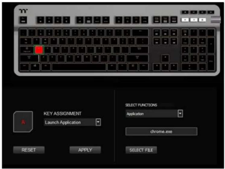 KEY ASSIGNMENT Launch Application RESET APPLY SELECT FUNCTIONS Application chrome.exe SELECT FILE
