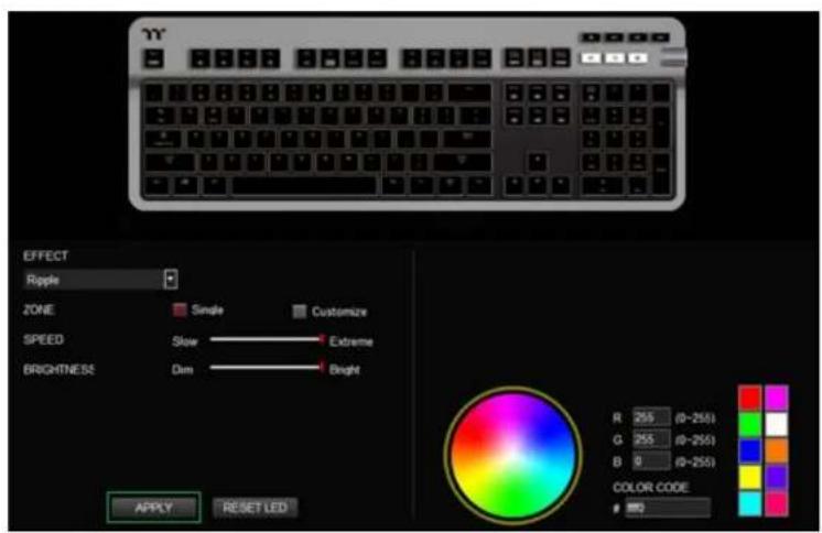 YY EFFECT Ripple ZONE Single Customize SPEED Slow Extreme BRIGHTNESS Dim Bright APPY RESET LED R 255 (0-255) G 255 (0-255) B 0 (0-255) COLOR CODE 100