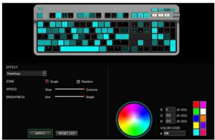 EFFECT Raindrops ZONE Single Random SPEED Slow Extreme BRIGHTNESS Dim Bright R 0 (0-255) G 255 (0-255) B 255 (0-255) COLOR CODE 000 APPLY RESET LED