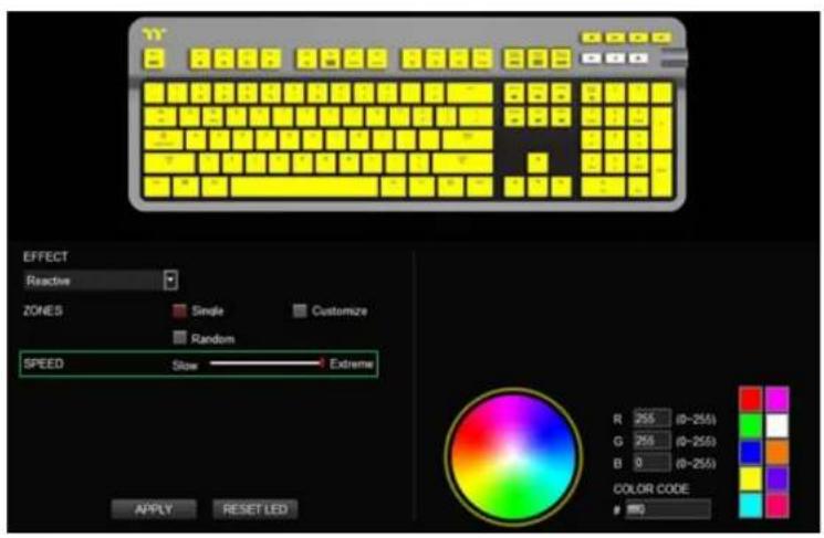 EFFECT Reactive ZONES Single Customize Random SPEED Slow Extreme R 255 (0-255) G 255 (0-255) B 0 (0-255) COLOR CODE 0 APPLY RESET LED