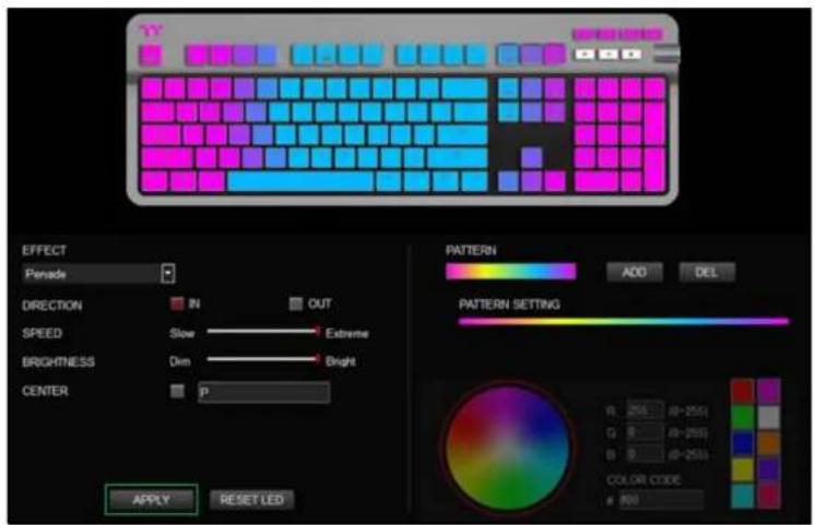 EFFECT Penside DIRECTION IN OUT SPEED Slow Extreme BRIGHTNESS Dim Bright CENTER P APPLY RESET LED PATTERN ADD DEL PATTERN SETTING R: 255 (0-255) G: 8 (0-255) B: 8 (0-255) COLOR CODE 100