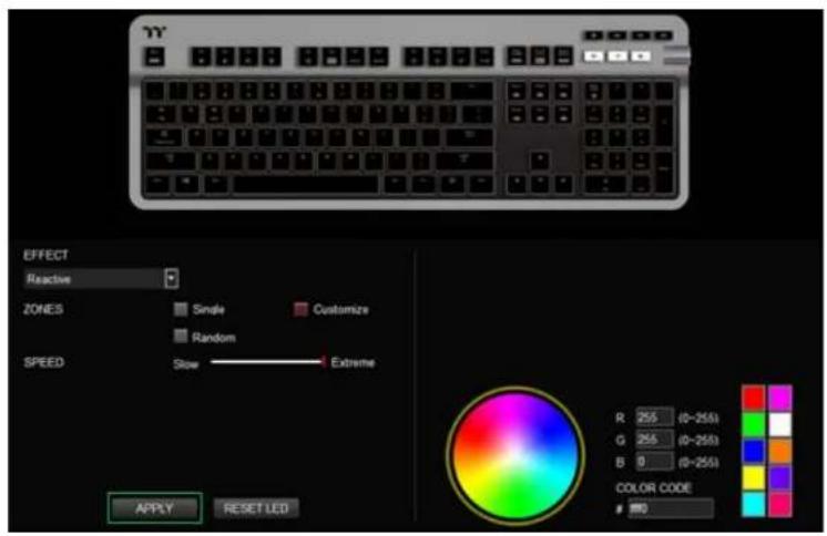 YY EFFECT Reactive ZONES Single Customize Random SPEED Slow Extreme R 255 (0-255) G 255 (0-255) B 0 (0-255) COLOR CODE 0 APPLY RESET LED