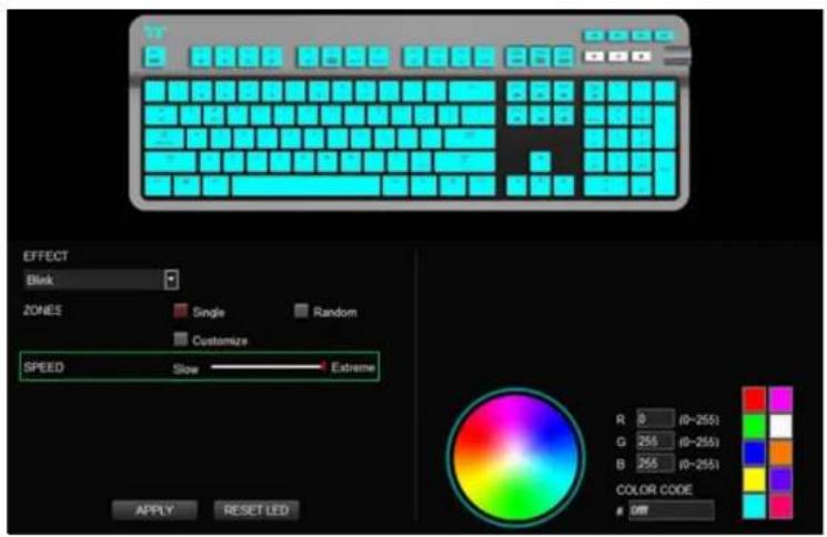 EFFECT Blank ZONES Single Random Customize SPEED Slow Extreme R 0 (0~255) G 255 (0~255) B 255 (0~255) COLOR CODE ON APPLY RESET LED