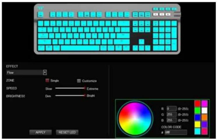 16 EFFECT Flow ZONE Single Customize SPEED Slow Extreme BRIGHTNESS Dim Bright APPLY RESET LED R 0 (0-255) G 255 (0-255) B 255 (0-255) COLOR CODE 088
