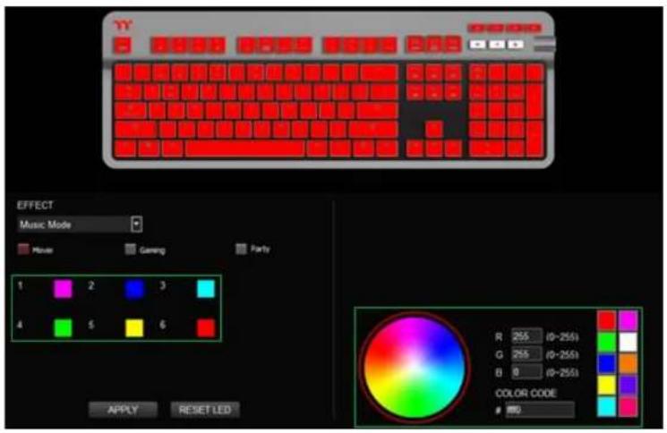 EFFECT Music Mode Movie Gaming Party 1 2 3 4 5 6 R 255 (0-255) G 255 (0-255) B 8 (0-255) COLOR CODE 100. APPLY RESET LED