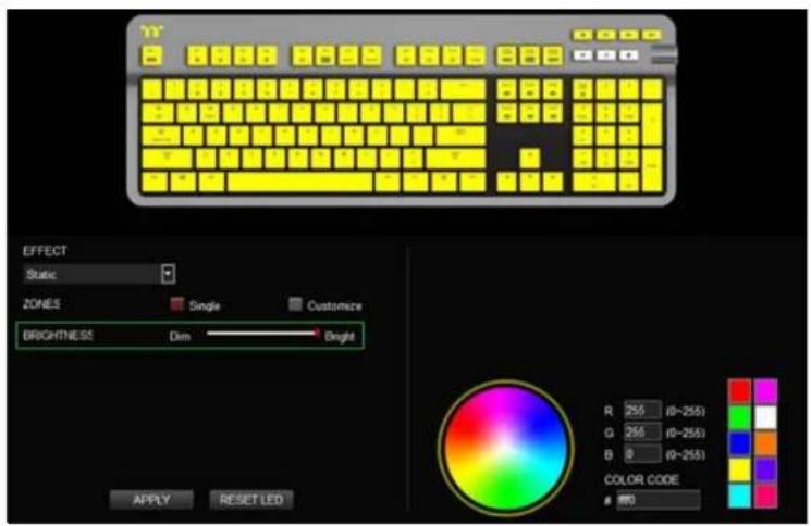 EFFECT Static ZONES Single Customize BRIGHTNESS Dim Bright R 255 (0~2551) G 255 (0~2551) B 8 (0~2551) COLOR CODE 300 APPLY RESET LED