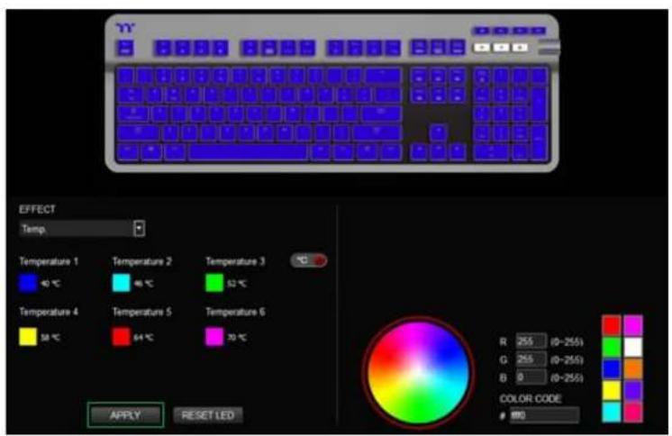 YY EFFECT Temp Temperature 1 40 °C Temperature 2 46 °C Temperature 3 52 °C Temperature 4 58 °C Temperature 5 64 °C Temperature 6 70 °C R 255 (0-255) G 255 (0-255) B 8 (0-255) COLOR CODE 800 APPLY RESET LED