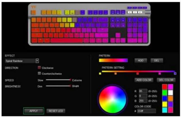 EFFECT Spical Rainbow DIRECTION Clockwise Counterclockwise SPEED Slow Extreme BRIGHTNESS Dim Bright APPLY RESET LED PATTERN ADD DEL PATTERN SETTING ADD COLOR DEL COLOR R 85 (0-255) G 9 (0-255) B 255 (0-255) COLOR CODE 550#