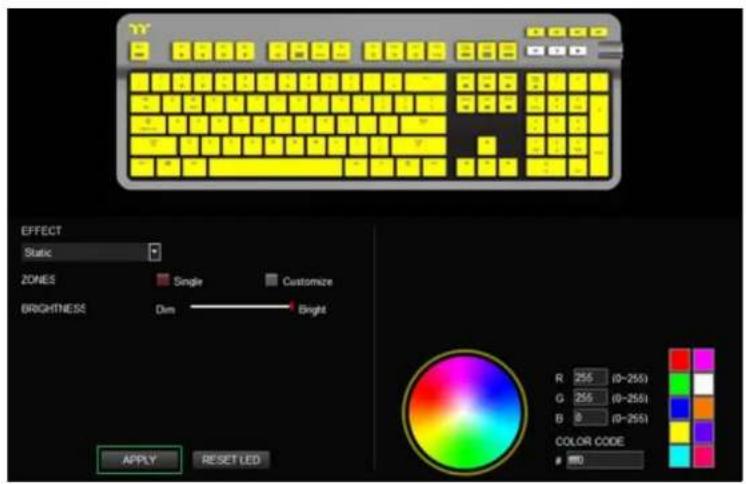 EFFECT Static ZONES Single Customize BRIGHTNESS Dim Bright R 255 (0-255) G 255 (0-255) B 8 (0-255) COLOR CODE 100 APPLY RESET LED