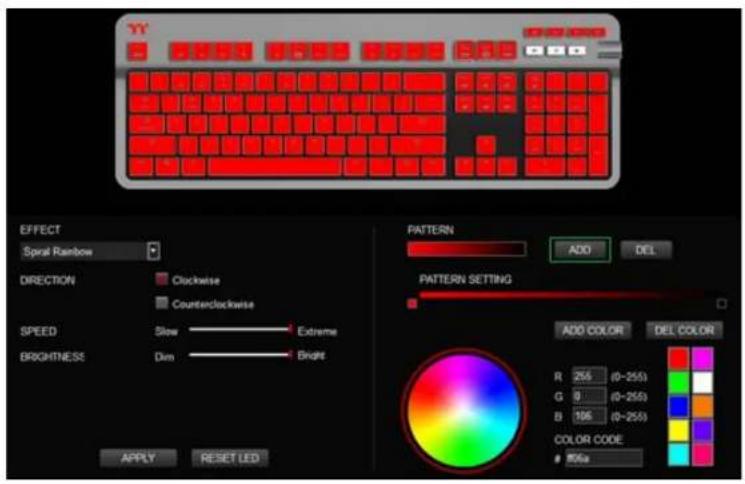 YY EFFECT Spiral Rainbow DIRECTION Clockwise Counterclockwise SPEED Slow Extreme BRIGHTNESS Dim Bright APPLY RESET LED PATTERN ADD DEL PATTERN SETTING ADD COLOR DEL COLOR R 255 (0-255) G 9 (0-255) B 186 (0-255) COLOR CODE 106a
