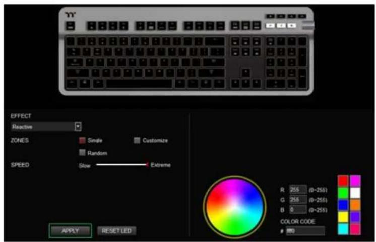 YY EFFECT Reactive ZONES Single Customize Random SPEED Slow Extreme R 255 (0-255) G 255 (0-255) B 0 (0-255) COLOR CODE 100 APPLY RESET LED