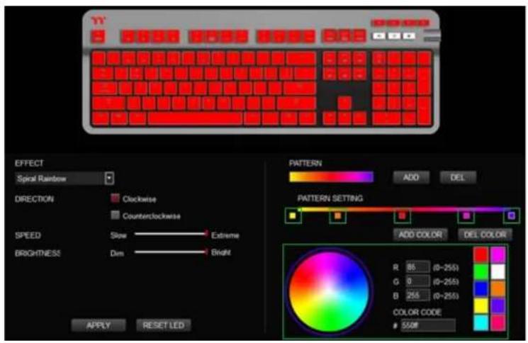 TT EFFECT Spiral Rainbow DIRECTION Clockwise Counterclockwise SPEED Slow Extreme BRIGHTNESS Dim Bright APPLY RESET LED PATTERN ADD DEL PATTERN SETTING ADD COLOR DEL COLOR R 85 (0-255) G 9 (0-255) B 255 (0-255) COLOR CODE 550#