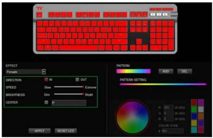 YY EFFECT Pervade DIRECTION IN OUT SPEED Slow Extreme BRIGHTNESS Dim Bright CENTER P PATTERN ADD DEL PATTERN SETTING R 250 J0-2501 Q 9 J0-2501 B 8 J0-2501 COLOR CODE a RGB APPLY RESET LED