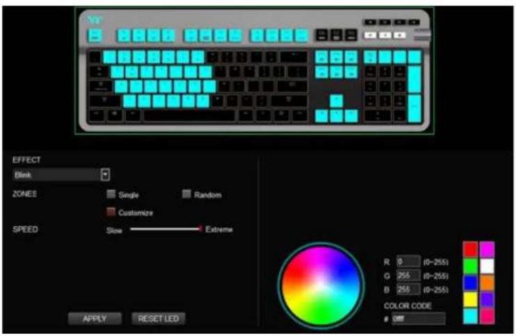 EFFECT Blank ZONES Single Random Customize SPEED Slow Extreme R 0 (0-2551) G 255 (0-2551) B 255 (0-2551) COLOR CODE 000 APPLY RESET LED