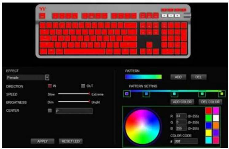 YY EFFECT Parade DIRECTION IN OUT SPEED Slow Extreme BRIGHTNESS Dim Bright CENTER p PATTERN ADD DEL PATTERN SETTING ADD COLOR DEL COLOR R 63 (0-255) G 9 (0-255) B 255 (0-255) COLOR CODE 30M APPLY RESET LED