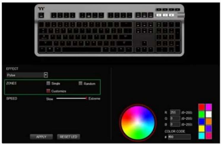 YY EFFECT Pulse ZONES Single Random Customize SPEED Slow Extreme R 255 (0-255) G 0 (0-255) B 0 (0-255) COLOR CODE 900 APPLY RESET LED