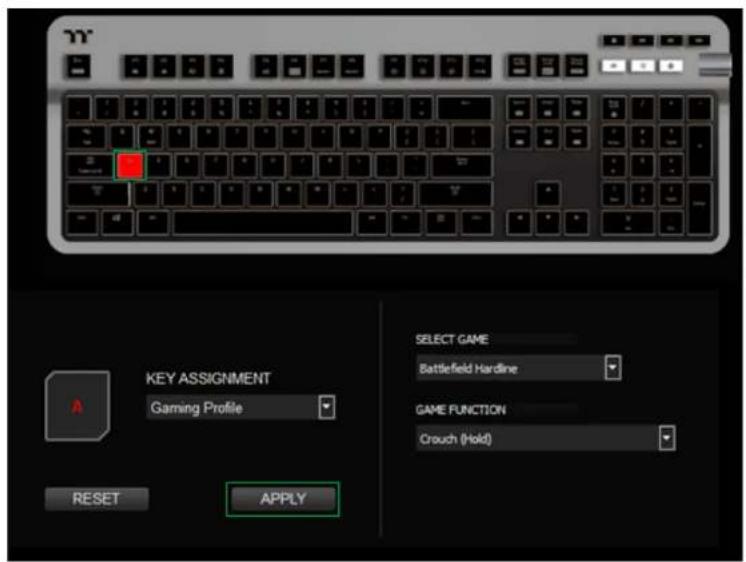 KEY ASSIGNMENT Gaming Profile RESET APPLY SELECT GAME Battlefield Hardline GAME FUNCTION Crouch (Hold)