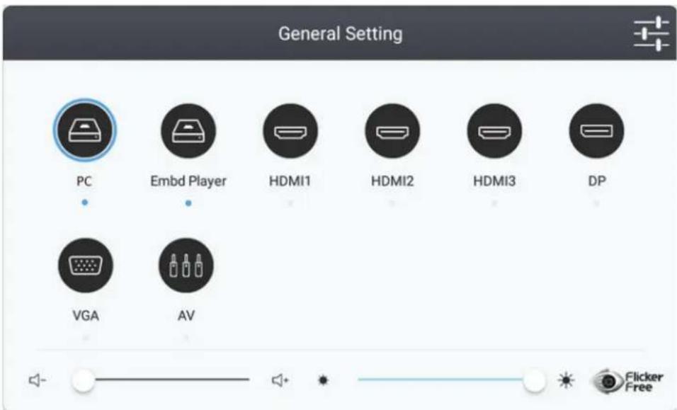 General Setting PC Embed Player HDMI1 HDMI2 HDMI3 DP VGA AV Flicker Free