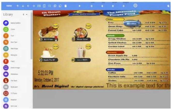 Slt Down Platters! The Ultimate Finger Food Sales Fries Onion Rings Funnel Cake Salads Crispy Chicken Grilled Chicken Garden Salad Supervs Dutch Apple Pie Chocolate Lille Pie Cint Pie Drinks Coffee Fountain lade Thujee This is example text for the 5:22:03 PM Monday, October 2, 2017 to: Revel Digital the digital signage platform!