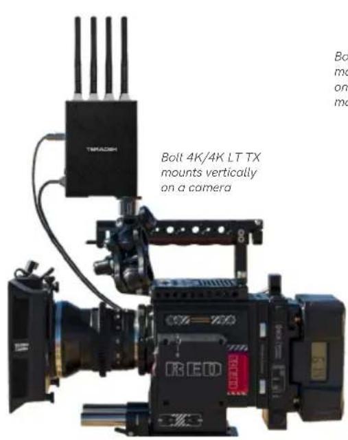 TRADH Bolt 4K/4K LT TX mounts vertically on a camera