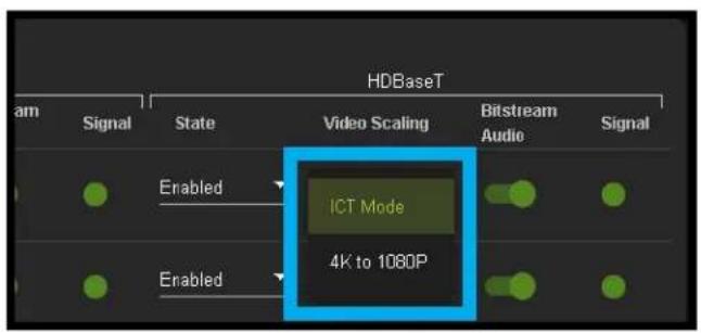 HDBaseT am Signal State Video Scaling Bitstream Signal Enabled ICT Mode Enabled 4K to 1080P