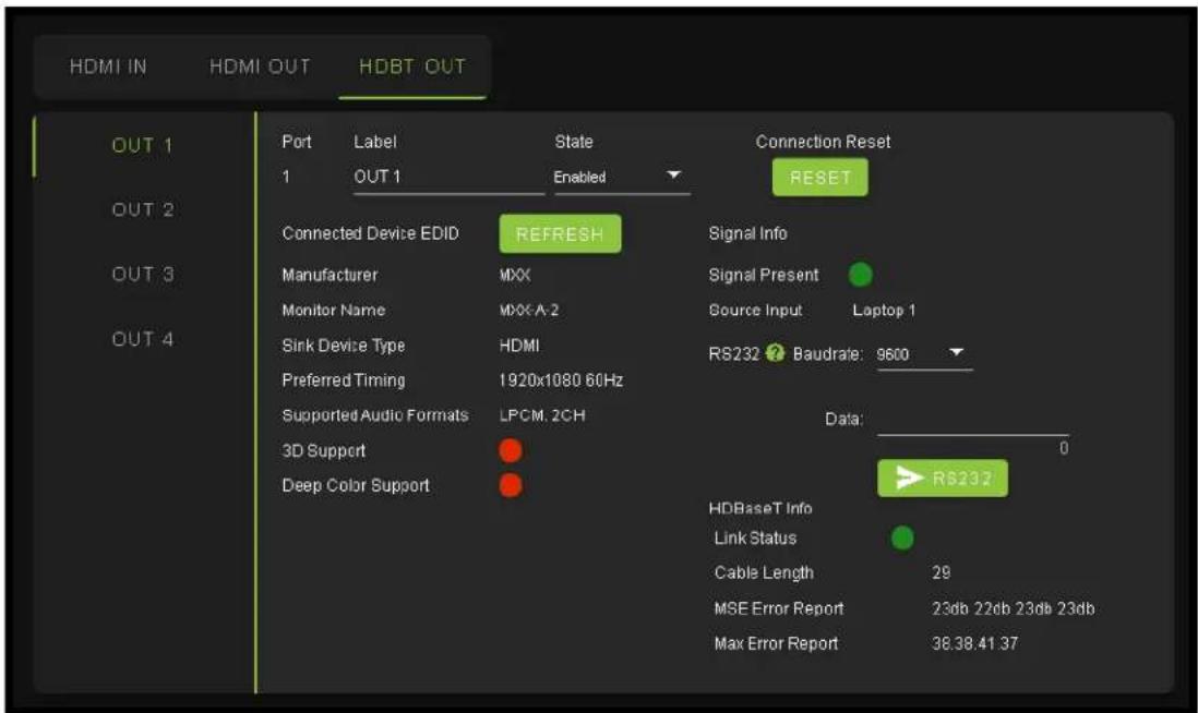 HDMI IN HDMI OUT HDBT OUT OUT 1 OUT 2 OUT 3 OUT 4 Port Label State 1 OUT 1 Enabled Connection Reset RESET Connected Device EDID REFRESH Manufacturer MXX Monitor Name MXX-A-2 Sink Device Type HDMI Preferred Timing 1920x1080 60Hz Supported Audio Formats LPCM. 2CH 3D Support Deep Color Support Signal Info Signal Present Source Input Laptop 1 R$232 Baudrate: 9600 Data: 0 HDBaseT Info Link Status Cable Length 29 MSE Error Report 23db 22db 23db 23db Max Error Report 38.38.41.37