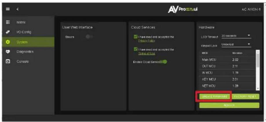 AV Pro 3.0.ai AC AXION-1 Matrix VO Config System Diagnostics Console User Web Interface Options Cloud Services I have read and accepted the Oracle Policy I have read and accepted the Transaction Policy Enterprise Cloud Service Hardware LDD Timeout 30 seconds Keypad Lock Unlocked MCU Version Main MCU 2.32 OUT MCU 2.11 IN MCU 1.79 KEY MCU 2.01 NET MCU 1.58 CREATE KOREAIRE FACTORY INDEX1 RESET