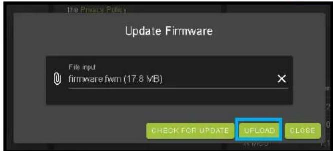 the Privacy Policy Update Firmware File input firmware fwm (17.8 MB) CHECK FOR UPDATE UPLOAD CLOSE