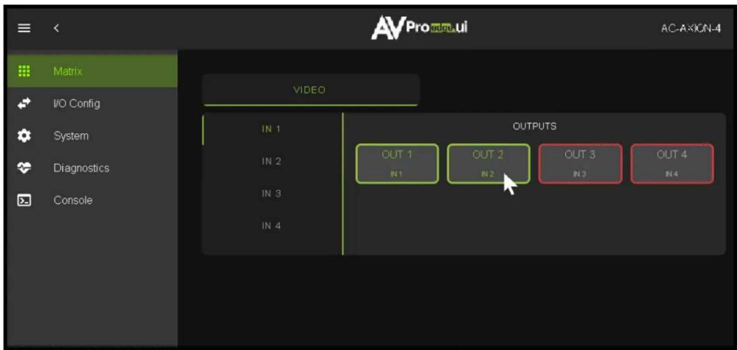 Matrix I/O Config System Diagnostics Console VIDEO IN 1 IN 2 IN 3 IN 4 OUTS OUT 1 IN 1 OUT 2 IN 2 OUT 3 IN 3 OUT 4 IN 4 AC-AXION-4