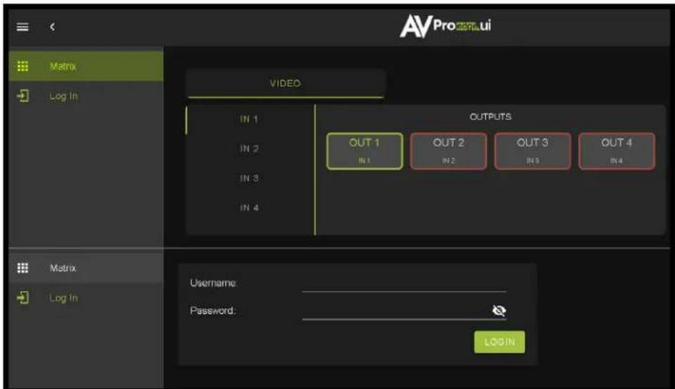 AVPro Matrix Log In VIDEO IN 1 IN 2 IN 3 IN 4 OUTPUTS OUT 1 IN 1 OUT 2 IN 2 OUT 3 IN 3 OUT 4 IN 4 Matrix Log In Username: Password: LOGIN