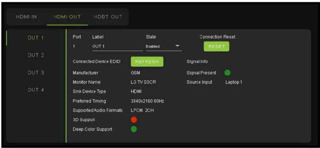 HDMI IN HDMI OUT HDBT OUT OUT 1 Port Label State Connection Reset 1 OUT 1 Enabled RESET Connected Device EDID REFRESH Signal Info Manufacturer GSM Signal Present Monitor Name LG TV SSCR Source Input Laptop 1 Sink Device Type HDMI Preferred Timing 3840x2160 60Hz Supported Audio Formats LPCM. 2CH 3D Support Deep Color Support
