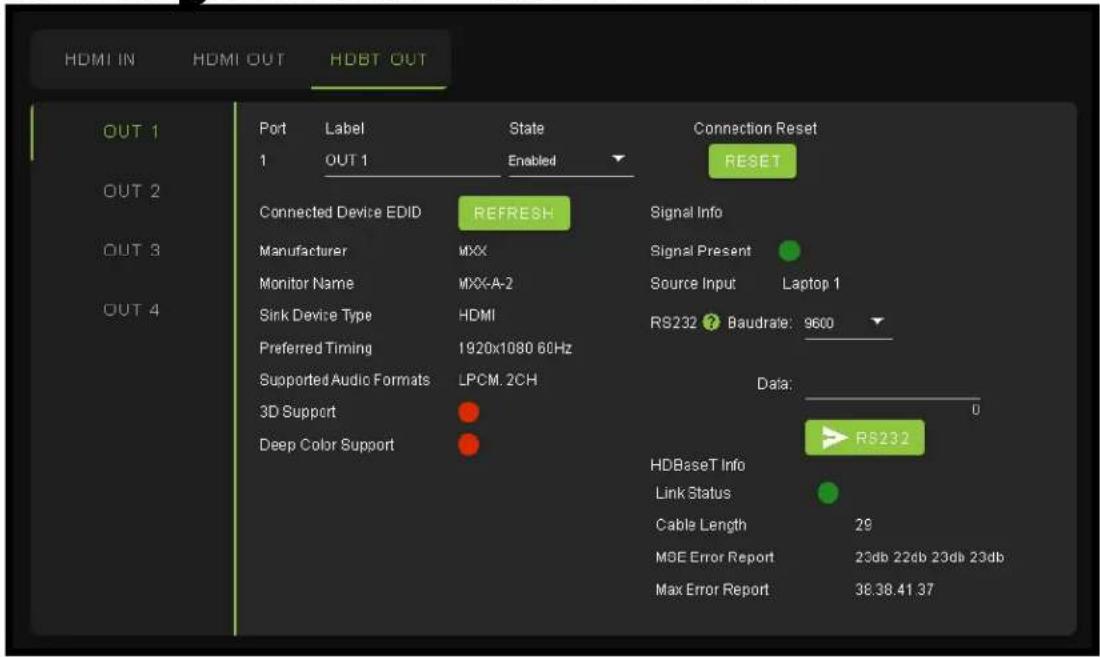 HDMI IN HDMI OUT HDBT OUT OUT 1 OUT 2 OUT 3 OUT 4 Port Label State 1 OUT 1 Enabled Connection Reset RESET Connected Device EDID REFRESH Manufacturer MXX Monitor Name MXX-A-2 Sink Device Type HDMI Preferred Timing 1920x1080 60Hz Supported Audio Formats LPCM. 2CH 3D Support Deep Color Support Signal Info Signal Present Source Input Laptop 1 RS232 Baudrate: 9600 Data: RS232 HDBaseT Info Link Status Cable Length 29 M&E Error Report 23db 22db 23db 23db Max Error Report 38.38.41.37