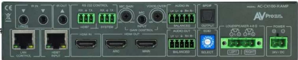 CE IR IN IR OUT RS 232 CONTROL RX + TX RX + TX MIC GAIN VQIDE-OVER I+ - I- + Rx R- BALANCED OUTPUT Loudspeaker 4-8.0 AV Pro365 LAN CONTROL HDBT INPUT HDMI IN HDMI OUT ARC MAIN AUDIO IN BALANCED EID SELECT LEFT RIGHT POWER 34V / DC