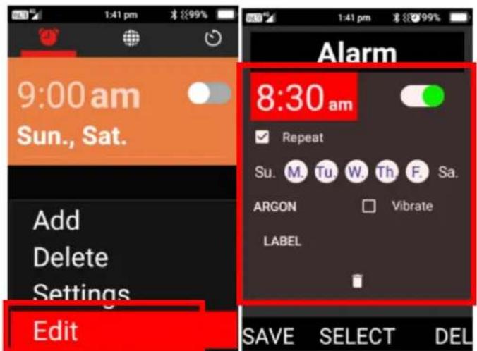 9:00 am Sun., Sat. Add Delete Settings Edit 1:41 pm 1:41 pm Alarm 8:30 am Repeat Su. M. Tu. W. Th. F. Sa. ARGON Vibrate LABEL SAVE SELECT DEL